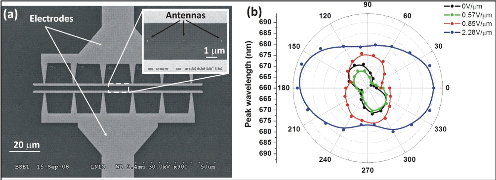 (a) Scheme of the liquid crystal cell and (b) polar plots of the scattering radiation pattern as a function of the bias voltage